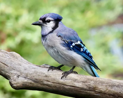 A Blue Jay perched on a weathered branch, showing its crest, black necklace and barred blue wings